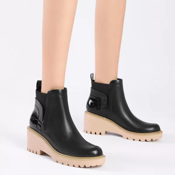 Mostrin Chelsea Boots for Women Platform Ankle Boots Chunky Lug Sole Boots Slip on Elastic Fall Boots Wedges Block BootiesBlack