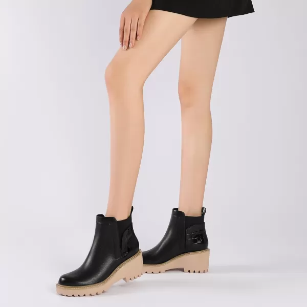 Mostrin Chelsea Boots for Women Platform Ankle Boots Chunky Lug Sole Boots Slip on Elastic Fall Boots Wedges Block BootiesBlack