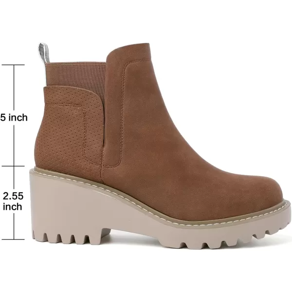 Mostrin Chelsea Boots for Women Platform Ankle Boots Chunky Lug Sole Boots Slip on Elastic Fall Boots Wedges Block BootiesBrown