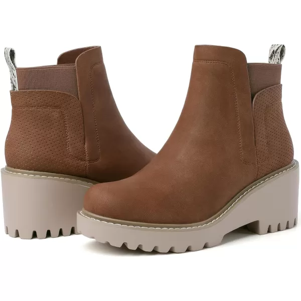 Mostrin Chelsea Boots for Women Platform Ankle Boots Chunky Lug Sole Boots Slip on Elastic Fall Boots Wedges Block BootiesBrown