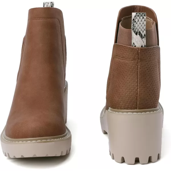Mostrin Chelsea Boots for Women Platform Ankle Boots Chunky Lug Sole Boots Slip on Elastic Fall Boots Wedges Block BootiesBrown