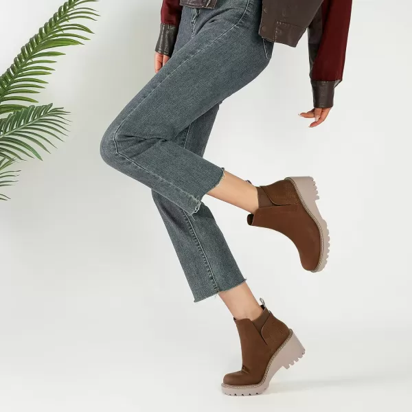 Mostrin Chelsea Boots for Women Platform Ankle Boots Chunky Lug Sole Boots Slip on Elastic Fall Boots Wedges Block BootiesBrown