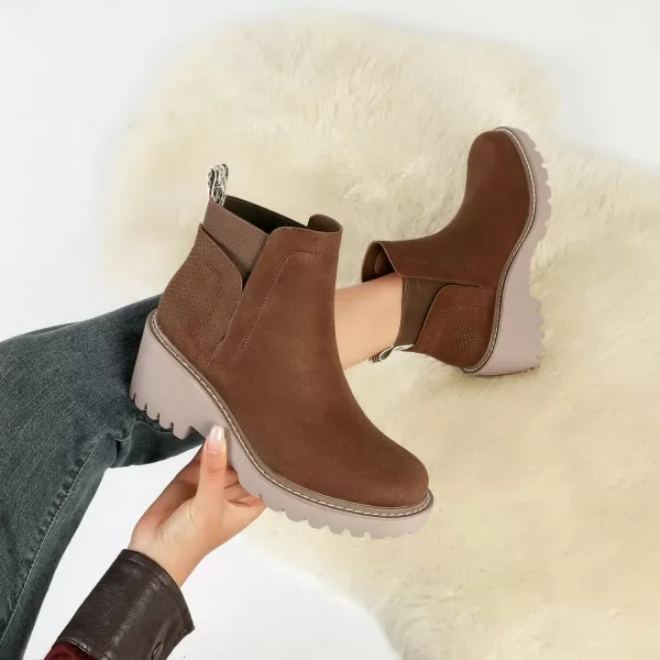 Mostrin Chelsea Boots for Women Platform Ankle Boots Chunky Lug Sole Boots Slip on Elastic Fall Boots Wedges Block BootiesBrown