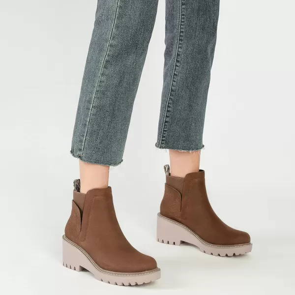 Mostrin Chelsea Boots for Women Platform Ankle Boots Chunky Lug Sole Boots Slip on Elastic Fall Boots Wedges Block BootiesBrown