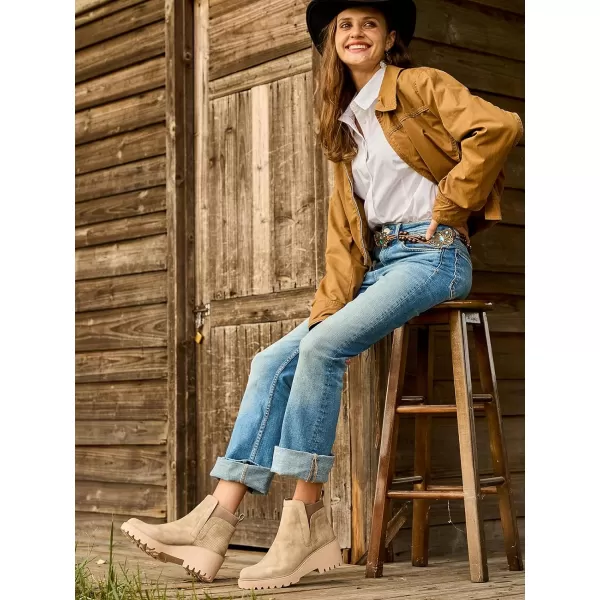 Mostrin Chelsea Boots for Women Platform Ankle Boots Chunky Lug Sole Boots Slip on Elastic Fall Boots Wedges Block BootiesKhaki
