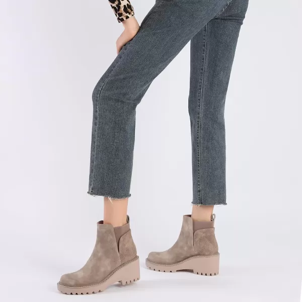 Mostrin Chelsea Boots for Women Platform Ankle Boots Chunky Lug Sole Boots Slip on Elastic Fall Boots Wedges Block BootiesKhaki