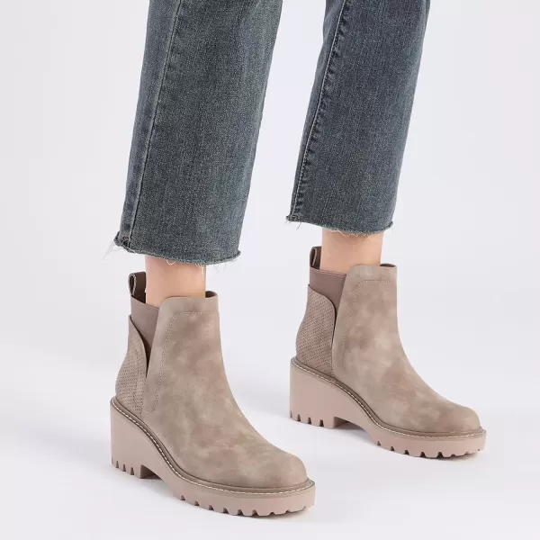 Mostrin Chelsea Boots for Women Platform Ankle Boots Chunky Lug Sole Boots Slip on Elastic Fall Boots Wedges Block BootiesKhaki