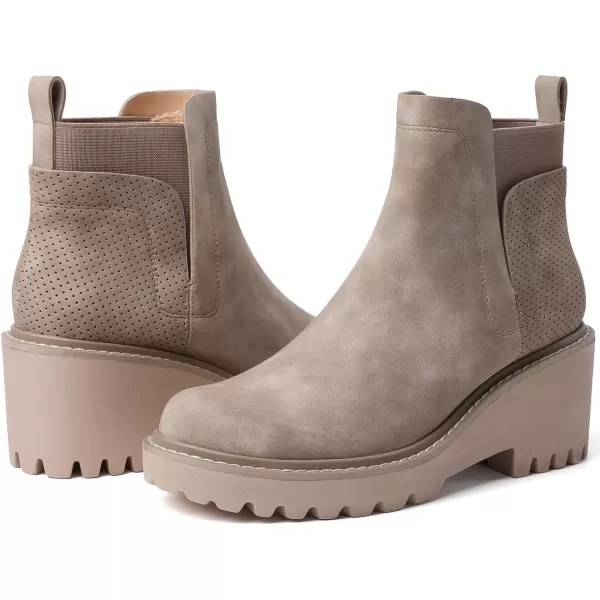 Mostrin Chelsea Boots for Women Platform Ankle Boots Chunky Lug Sole Boots Slip on Elastic Fall Boots Wedges Block BootiesKhaki