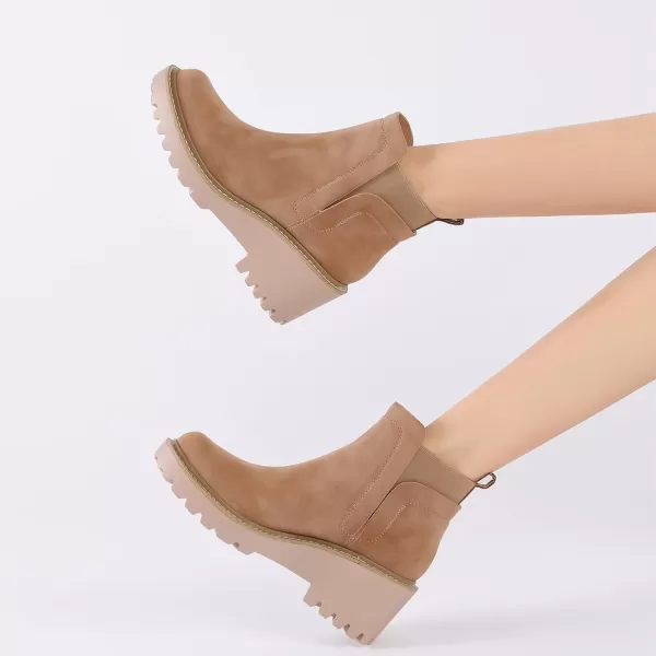 Mostrin Chelsea Boots for Women Platform Ankle Boots Chunky Lug Sole Boots Slip on Elastic Fall Boots Wedges Block BootiesNude