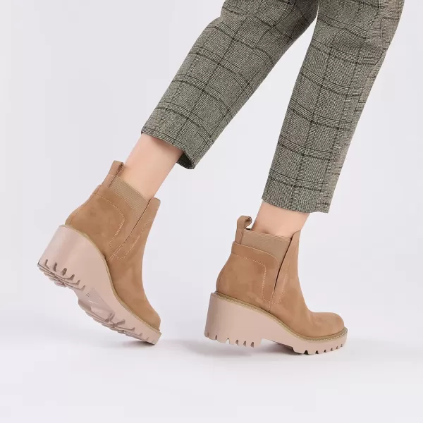 Mostrin Chelsea Boots for Women Platform Ankle Boots Chunky Lug Sole Boots Slip on Elastic Fall Boots Wedges Block BootiesNude