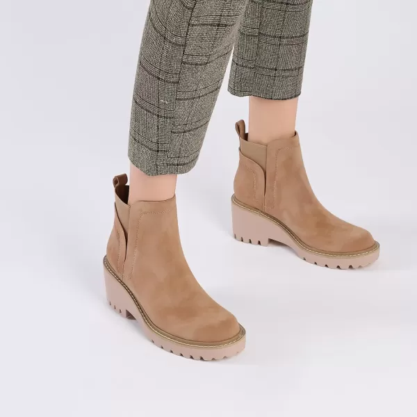 Mostrin Chelsea Boots for Women Platform Ankle Boots Chunky Lug Sole Boots Slip on Elastic Fall Boots Wedges Block BootiesNude