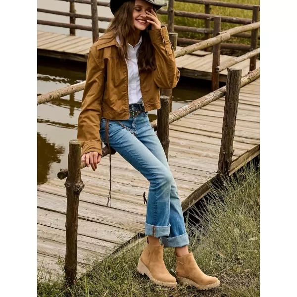Mostrin Chelsea Boots for Women Platform Ankle Boots Chunky Lug Sole Boots Slip on Elastic Fall Boots Wedges Block BootiesNude