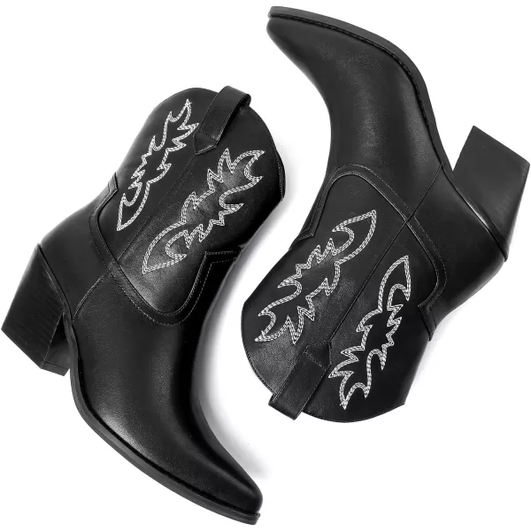 Mostrin Cowgirl Boots for Women Embroidered Cowboy Boots Pointed Toe Ankle Boots Chunky Western Boots Pullon Mid Calf BootiesBlack