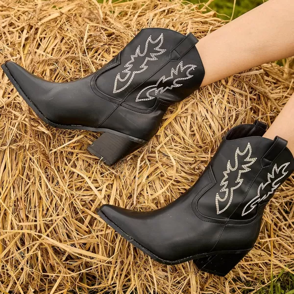 Mostrin Cowgirl Boots for Women Embroidered Cowboy Boots Pointed Toe Ankle Boots Chunky Western Boots Pullon Mid Calf BootiesBlack