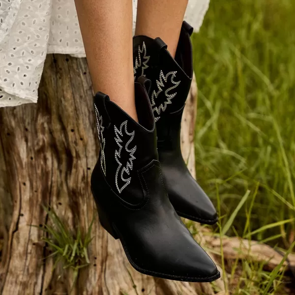 Mostrin Cowgirl Boots for Women Embroidered Cowboy Boots Pointed Toe Ankle Boots Chunky Western Boots Pullon Mid Calf BootiesBlack