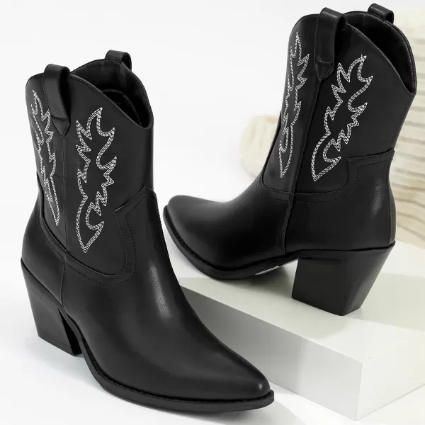Mostrin Cowgirl Boots for Women Embroidered Cowboy Boots Pointed Toe Ankle Boots Chunky Western Boots Pullon Mid Calf BootiesBlack