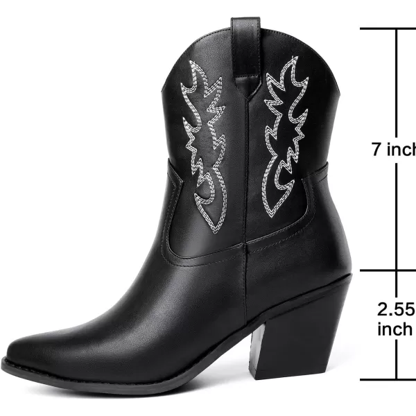 Mostrin Cowgirl Boots for Women Embroidered Cowboy Boots Pointed Toe Ankle Boots Chunky Western Boots Pullon Mid Calf BootiesBlack