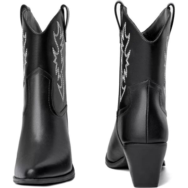 Mostrin Cowgirl Boots for Women Embroidered Cowboy Boots Pointed Toe Ankle Boots Chunky Western Boots Pullon Mid Calf BootiesBlack