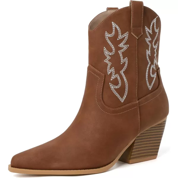 Mostrin Cowgirl Boots for Women Embroidered Cowboy Boots Pointed Toe Ankle Boots Chunky Western Boots Pullon Mid Calf BootiesBrown