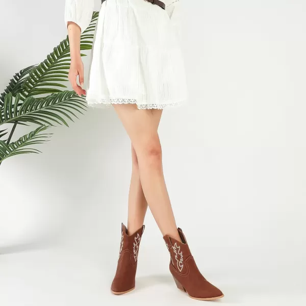 Mostrin Cowgirl Boots for Women Embroidered Cowboy Boots Pointed Toe Ankle Boots Chunky Western Boots Pullon Mid Calf BootiesBrown