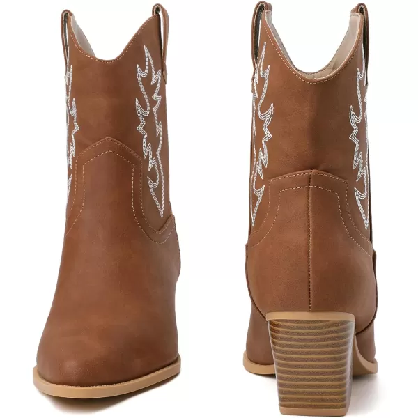Mostrin Cowgirl Boots for Women Embroidered Cowboy Boots Pointed Toe Ankle Boots Chunky Western Boots Pullon Mid Calf BootiesBrown