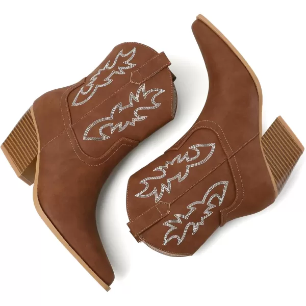 Mostrin Cowgirl Boots for Women Embroidered Cowboy Boots Pointed Toe Ankle Boots Chunky Western Boots Pullon Mid Calf BootiesBrown
