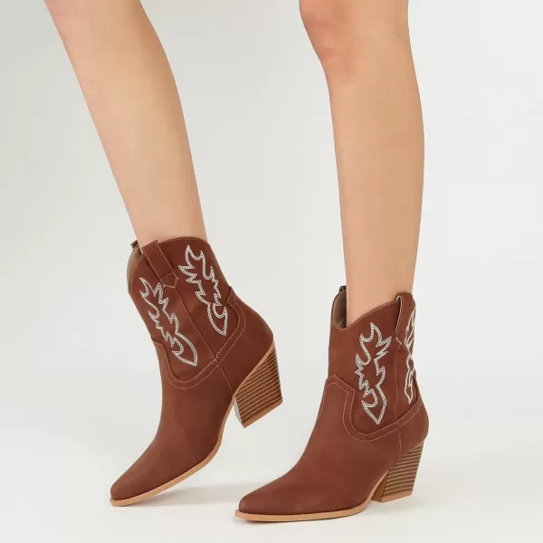 Mostrin Cowgirl Boots for Women Embroidered Cowboy Boots Pointed Toe Ankle Boots Chunky Western Boots Pullon Mid Calf BootiesBrown