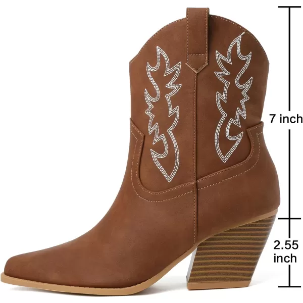 Mostrin Cowgirl Boots for Women Embroidered Cowboy Boots Pointed Toe Ankle Boots Chunky Western Boots Pullon Mid Calf BootiesBrown