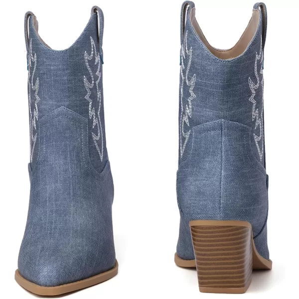 Mostrin Cowgirl Boots for Women Embroidered Cowboy Boots Pointed Toe Ankle Boots Chunky Western Boots Pullon Mid Calf BootiesDenim Blue