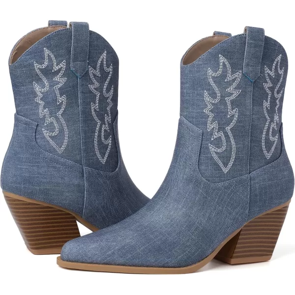 Mostrin Cowgirl Boots for Women Embroidered Cowboy Boots Pointed Toe Ankle Boots Chunky Western Boots Pullon Mid Calf BootiesDenim Blue