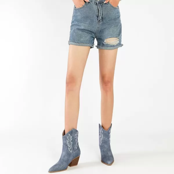 Mostrin Cowgirl Boots for Women Embroidered Cowboy Boots Pointed Toe Ankle Boots Chunky Western Boots Pullon Mid Calf BootiesDenim Blue