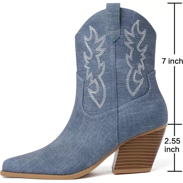 Mostrin Cowgirl Boots for Women Embroidered Cowboy Boots Pointed Toe Ankle Boots Chunky Western Boots Pullon Mid Calf BootiesDenim Blue