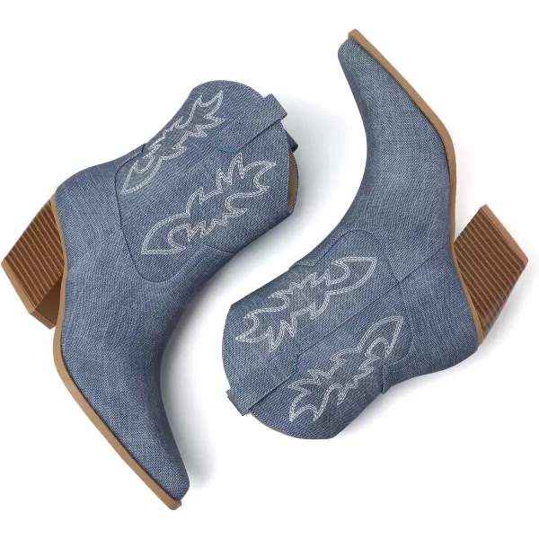 Mostrin Cowgirl Boots for Women Embroidered Cowboy Boots Pointed Toe Ankle Boots Chunky Western Boots Pullon Mid Calf BootiesDenim Blue