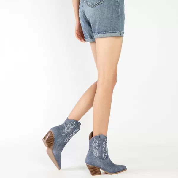 Mostrin Cowgirl Boots for Women Embroidered Cowboy Boots Pointed Toe Ankle Boots Chunky Western Boots Pullon Mid Calf BootiesDenim Blue