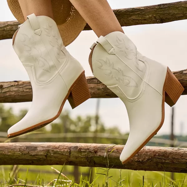 Mostrin Cowgirl Boots for Women Embroidered Cowboy Boots Pointed Toe Ankle Boots Chunky Western Boots Pullon Mid Calf BootiesWhite
