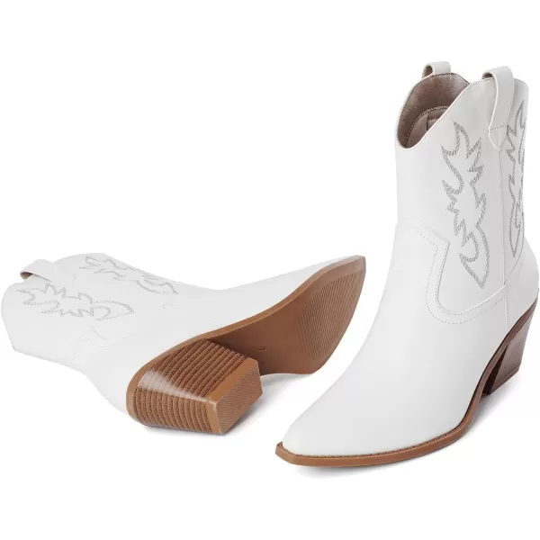 Mostrin Cowgirl Boots for Women Embroidered Cowboy Boots Pointed Toe Ankle Boots Chunky Western Boots Pullon Mid Calf BootiesWhite