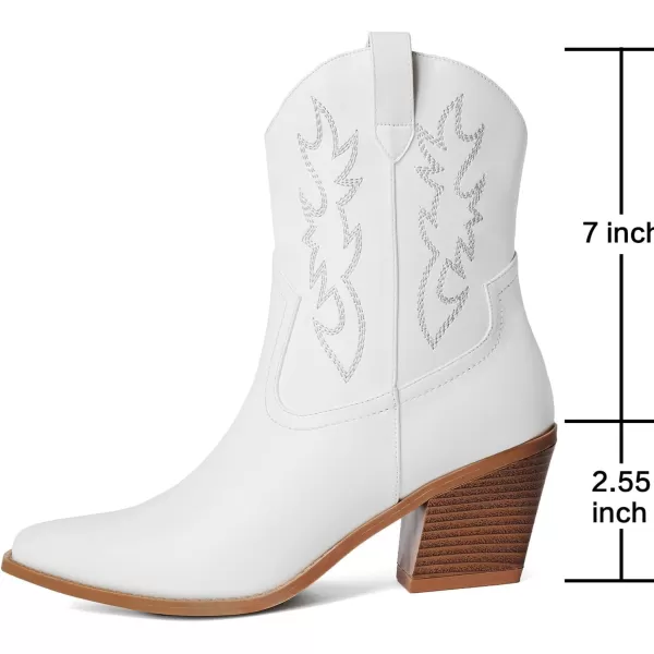 Mostrin Cowgirl Boots for Women Embroidered Cowboy Boots Pointed Toe Ankle Boots Chunky Western Boots Pullon Mid Calf BootiesWhite