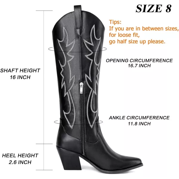 Mostrin Cowgirl Boots for Women Embroidered Cowboy Boots Pointed Toe Knee High Boots Chunky Block Heel Pull On Tall Western Boot for LadiesBlack002