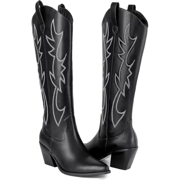 Mostrin Cowgirl Boots for Women Embroidered Cowboy Boots Pointed Toe Knee High Boots Chunky Block Heel Pull On Tall Western Boot for LadiesBlack002