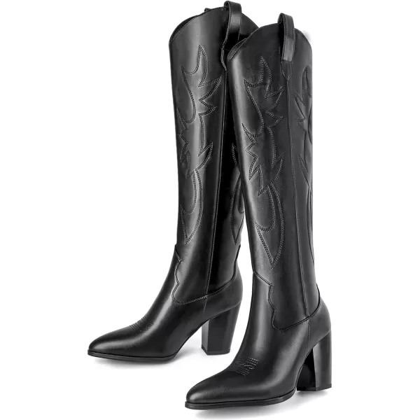 Mostrin Cowgirl Boots for Women Embroidered Cowboy Boots Pointed Toe Knee High Boots Chunky Block Heel Pull On Tall Western Boot for LadiesBlack01