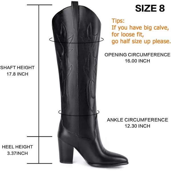 Mostrin Cowgirl Boots for Women Embroidered Cowboy Boots Pointed Toe Knee High Boots Chunky Block Heel Pull On Tall Western Boot for LadiesBlack01