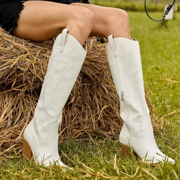 Mostrin Cowgirl Boots for Women Embroidered Cowboy Boots Pointed Toe Knee High Boots Chunky Block Heel Pull On Tall Western Boot for LadiesWhite002
