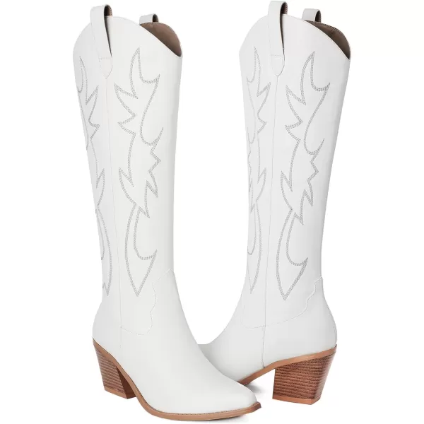 Mostrin Cowgirl Boots for Women Embroidered Cowboy Boots Pointed Toe Knee High Boots Chunky Block Heel Pull On Tall Western Boot for LadiesWhite002