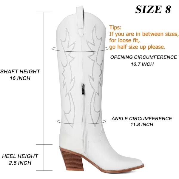 Mostrin Cowgirl Boots for Women Embroidered Cowboy Boots Pointed Toe Knee High Boots Chunky Block Heel Pull On Tall Western Boot for LadiesWhite002
