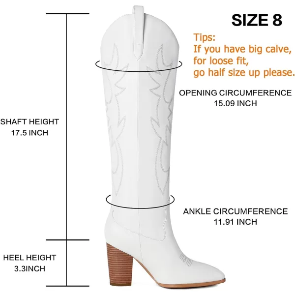 Mostrin Cowgirl Boots for Women Embroidered Cowboy Boots Pointed Toe Knee High Boots Chunky Block Heel Pull On Tall Western Boot for LadiesWhite01