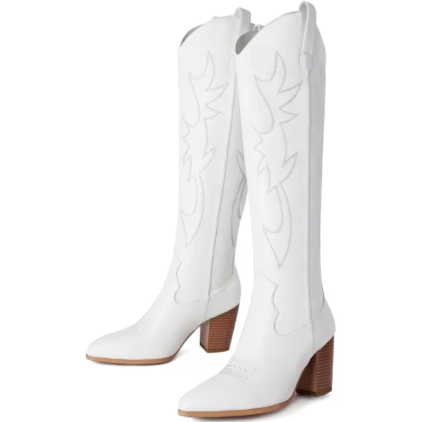 Mostrin Cowgirl Boots for Women Embroidered Cowboy Boots Pointed Toe Knee High Boots Chunky Block Heel Pull On Tall Western Boot for LadiesWhite01