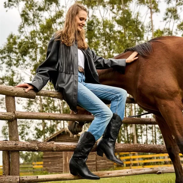 Mostrin Cowgirl Cowboy Boots Square Toe MidCalf Boot Chunky Block Heeled Pull On Western BootBlack