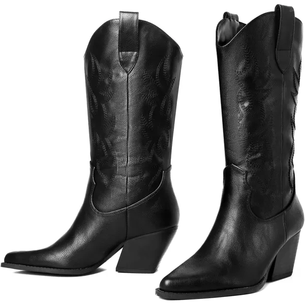 Mostrin Cowgirl Cowboy Boots Square Toe MidCalf Boot Chunky Block Heeled Pull On Western BootBlack