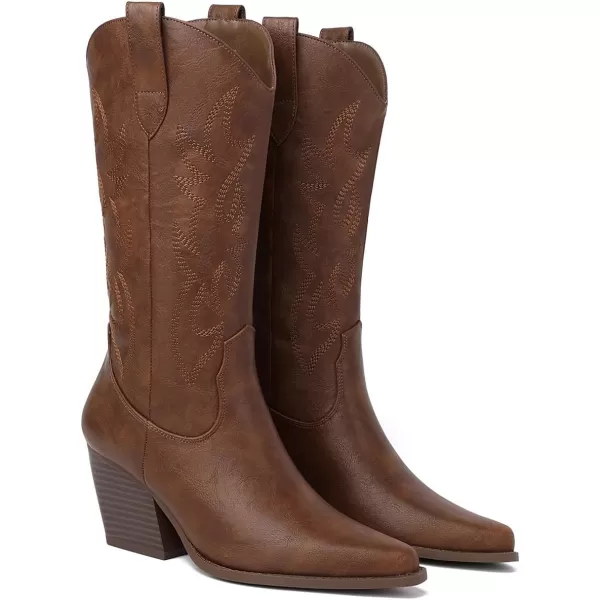 Mostrin Cowgirl Cowboy Boots Square Toe MidCalf Boot Chunky Block Heeled Pull On Western BootBrown