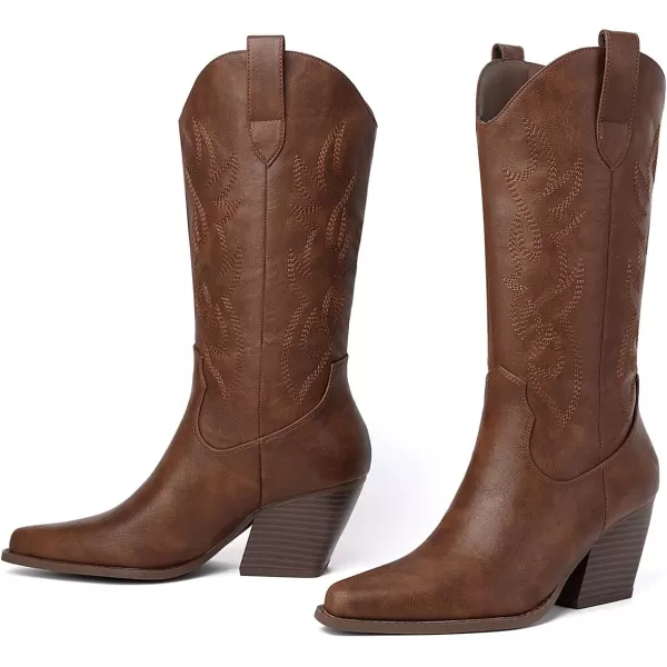 Mostrin Cowgirl Cowboy Boots Square Toe MidCalf Boot Chunky Block Heeled Pull On Western BootBrown